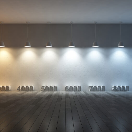 Visual 3D scale of 1000K to 10000K colour temperature differences using 10 hanging lamps.