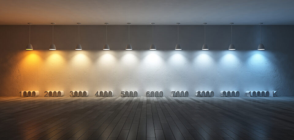 Visual 3D scale of 1000K to 10000K colour temperature differences using 10 hanging lamps.